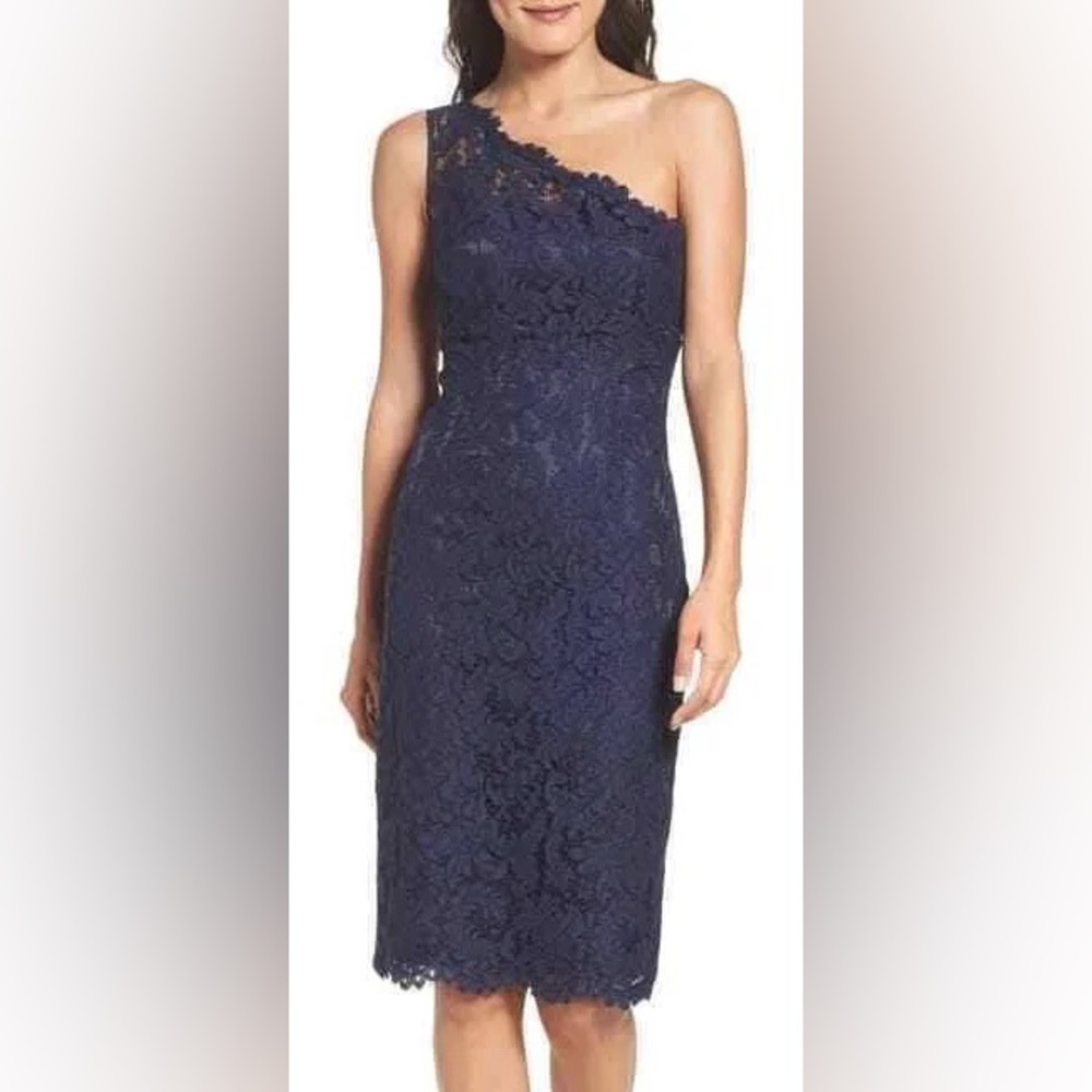Navy blue, lace one-shoulder, shift dress